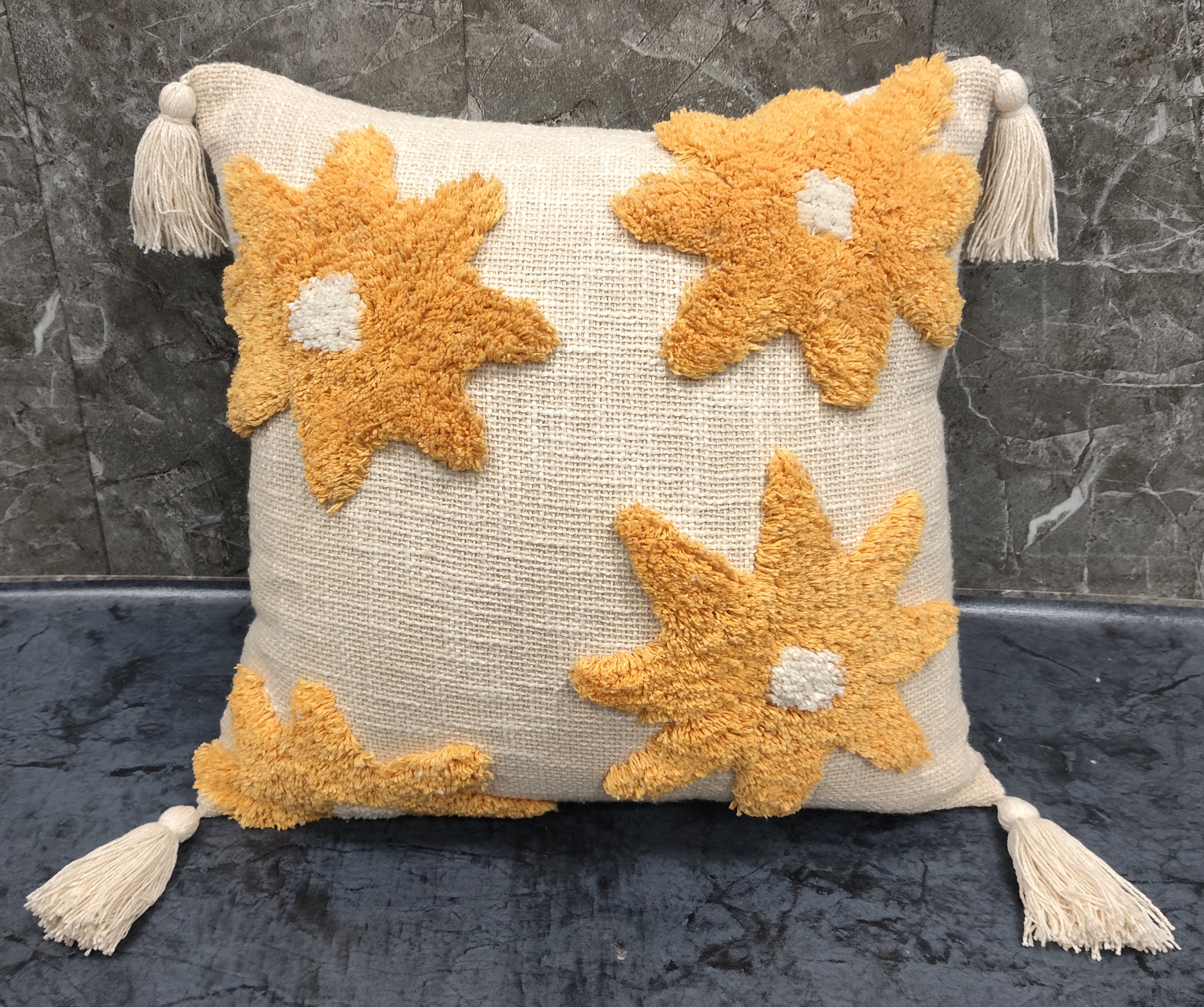 Set of three flower tufted cotton cushions with feather filling from IR Home Furnishing, showcasing soft, decorative cushions for home comfort.