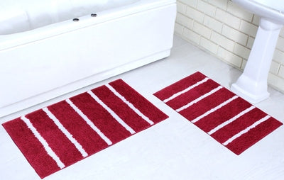 Set of two microfiber stripe bathmats by IR Home Furnishing, plush, absorbent bathroom rugs with blue and white stripes.