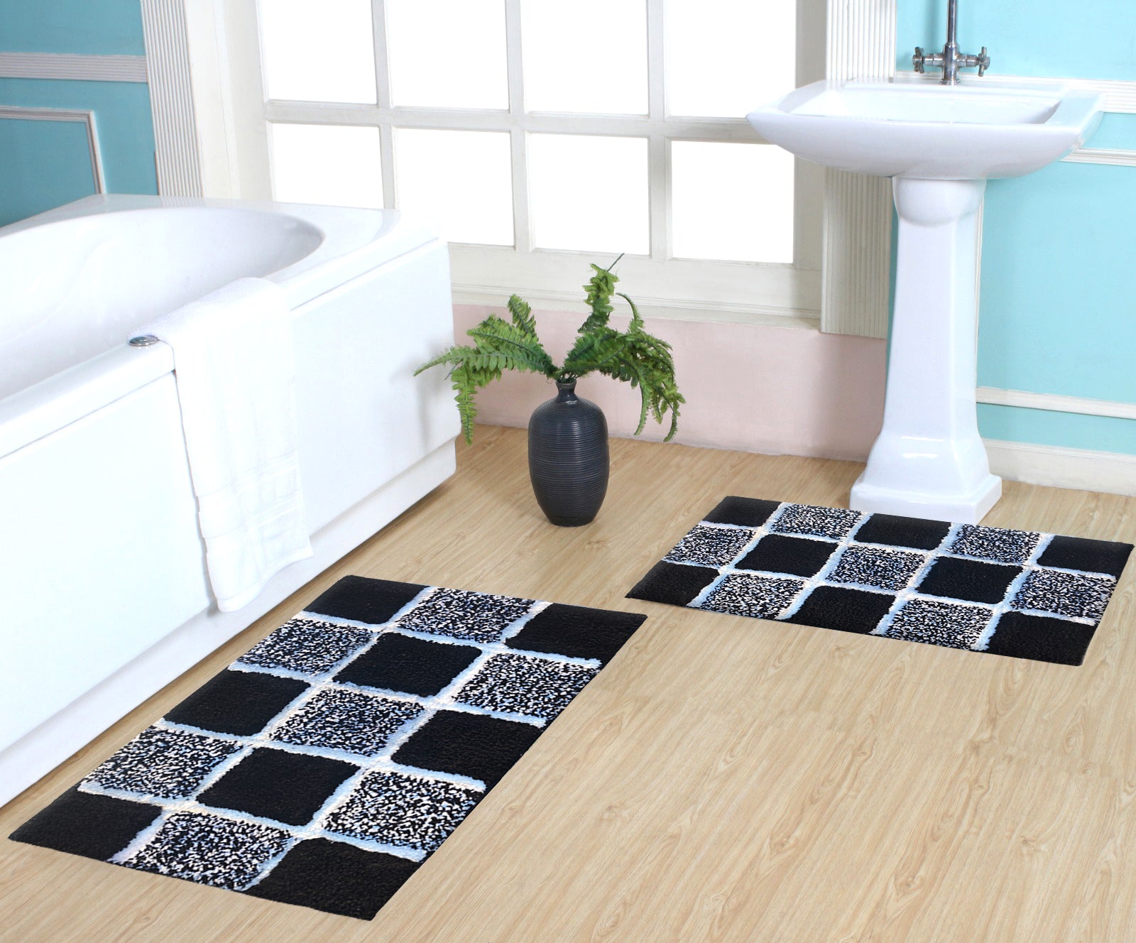 Two microfiber tufted bathmats with box design from IR Home Furnishing, featuring soft texture and modern style for bathroom decor.