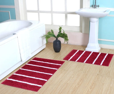 Set of two microfiber striped bathmats from IR Home Furnishing, soft, absorbent bathroom rugs in blue and white stripes.