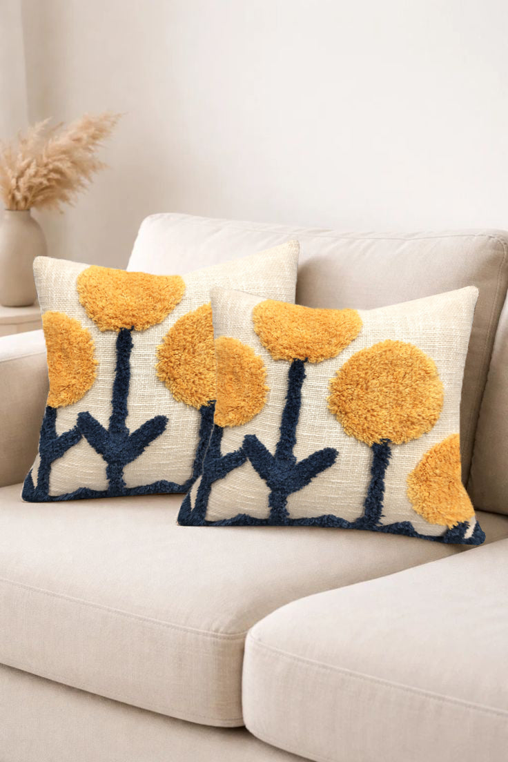 Set of two flower cotton slub tufted seat cushions from IR Home Furnishing, soft and decorative for comfortable seating.