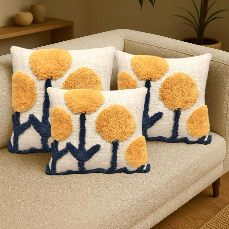 Set of three flower cotton slub tufted cushions from IR Home Furnishing, featuring soft fabric and decorative tufted design.