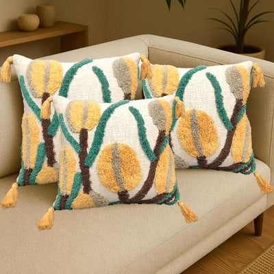Set of three flower tufted cotton square cushions by IR Home Furnishing, decorative pillows for sofa or bed.