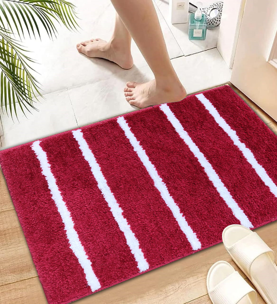 Modern microfiber stripe bathmat by IR Home Furnishing featuring soft, absorbent fabric in a stylish striped pattern for bathroom decor.